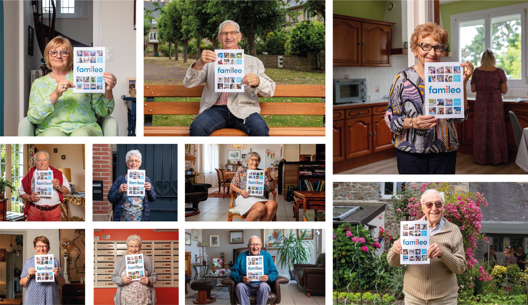 Mozaïque de photos de grands-parents avec leur gazette pour la pub TV Famileo