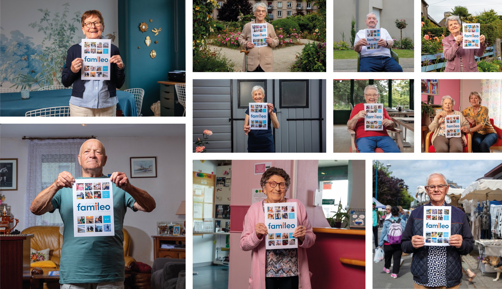 Mozaïque de photos de parents avec leurs gazettes Famileo