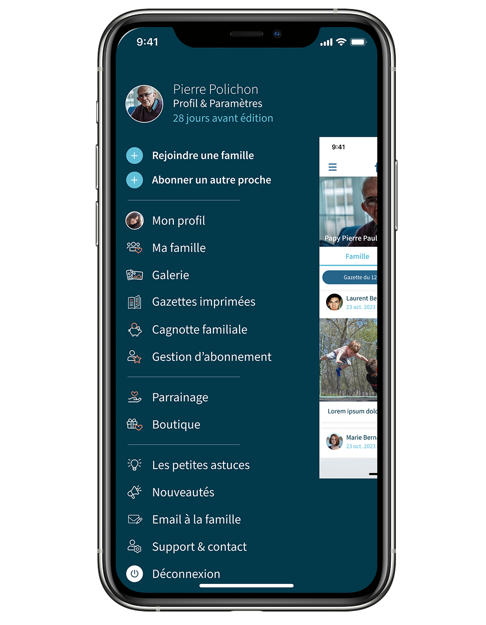 Le menu de l'application
