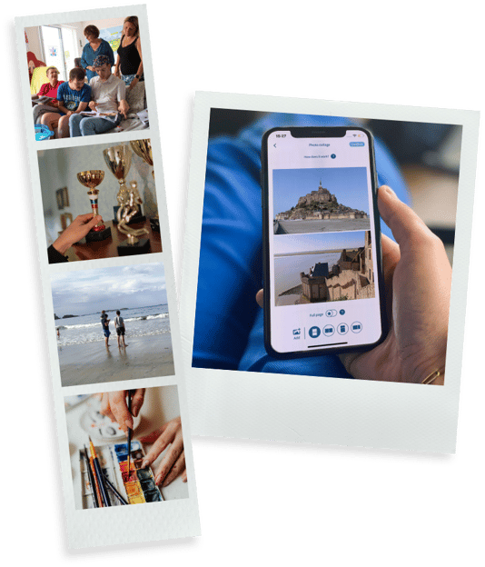 Someone publishing a montage on the Famileo App to share their holidays at the beach